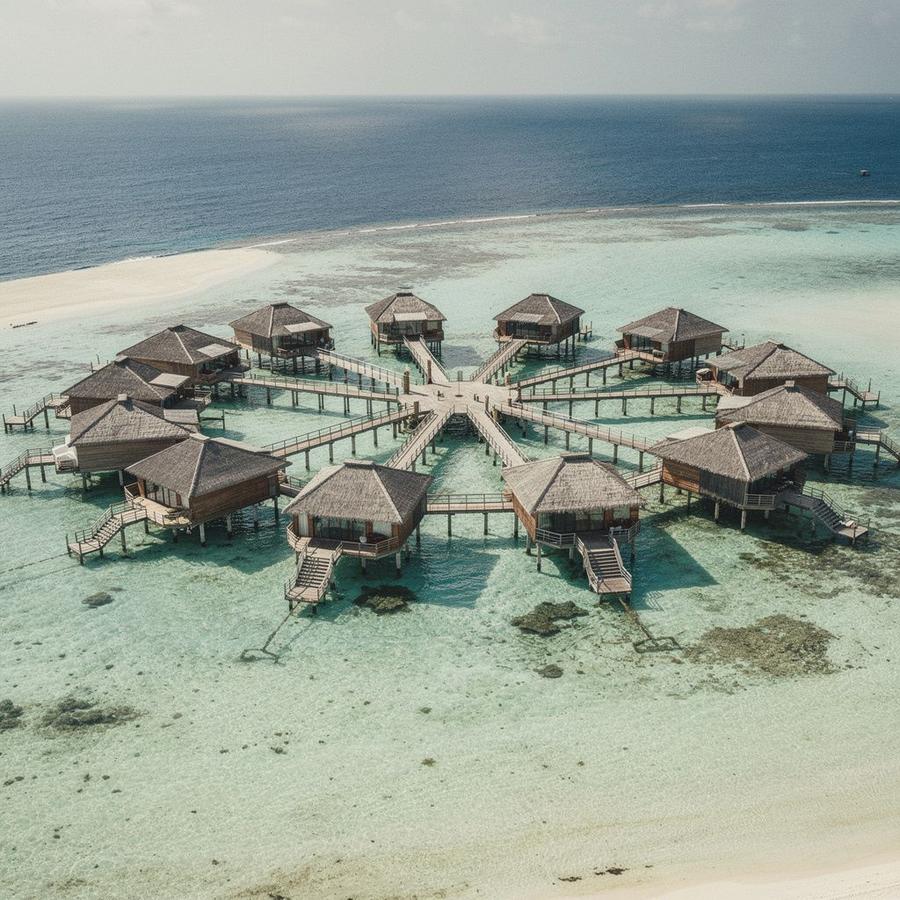 Water villas on stilts over a pale turquoise lagoon in the Maldives, seen from the air
