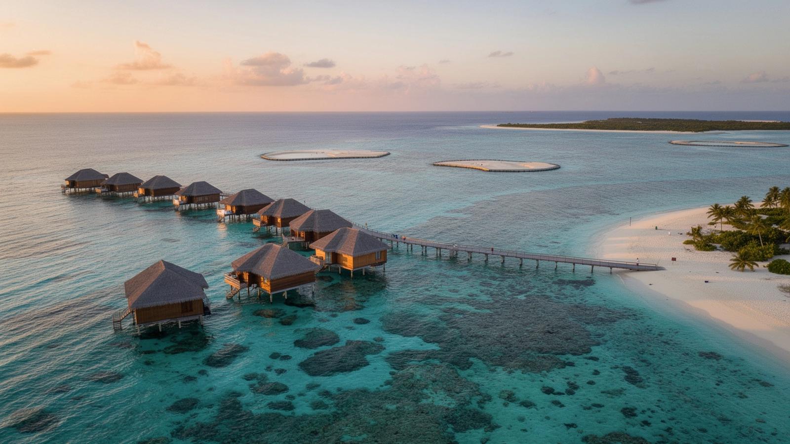 Beach villas on stilts above a turquoise lagoon in the Maldives at sunrise